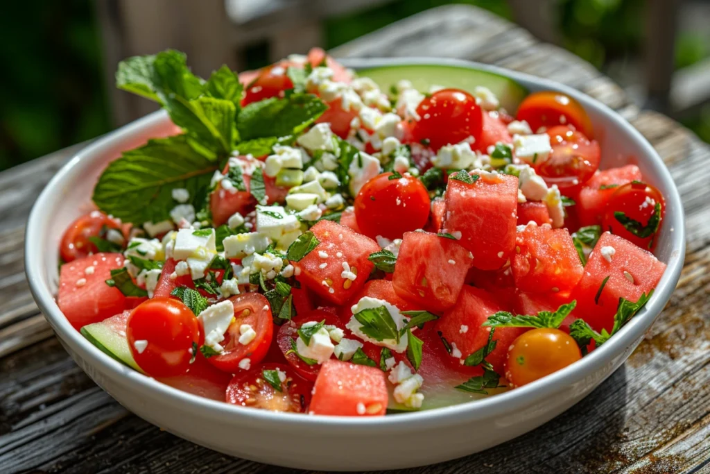 Une salade rafraîchissante de pastèque, feta et tomates pour les journées ensoleillées