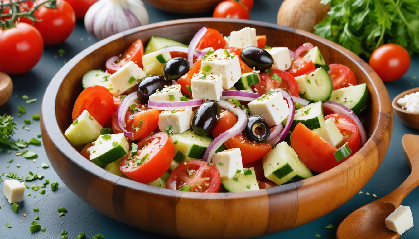 découvrez la salade grecque, un plat frais et savoureux composé de légumes croquants, de feta et d’olives. facile à préparer, cette recette authentique apportera une touche méditerranéenne à vos repas.
