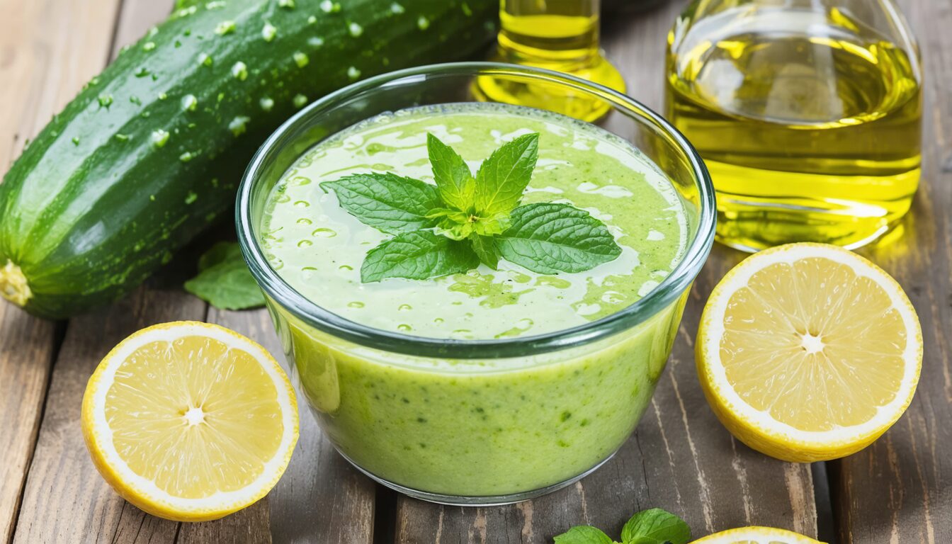 découvrez une soupe glacée au concombre et à la menthe, idéale pour l'été : une recette facile, rapide (5 minutes) et sans cuisson pour un moment frais et gourmand.