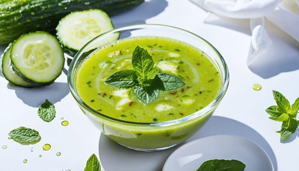 Découvrez ma recette estivale rafraîchissante : une soupe glacée au concombre et à la menthe, prête en seulement 5 minutes sans cuisson.