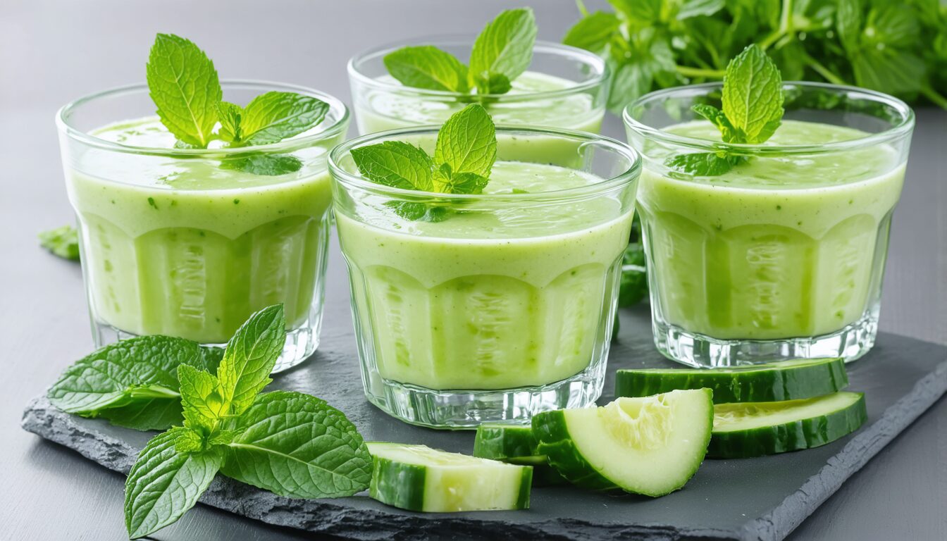 essayez cette recette facile de soupe glacée au concombre et à la menthe, idéale pour l'été : savoureuse, rafraîchissante et prête en 5 minutes, sans aucune cuisson.