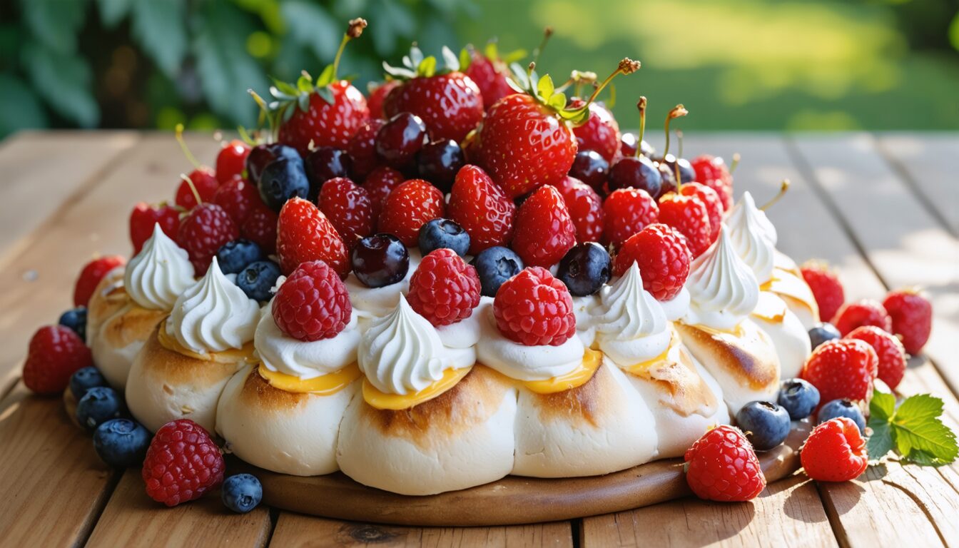 savourez la fraîcheur de l'été avec notre pavlova légère aux fruits rouges et fromage frais : une recette gourmande et facile à réaliser qui ravira tous les amateurs de desserts.