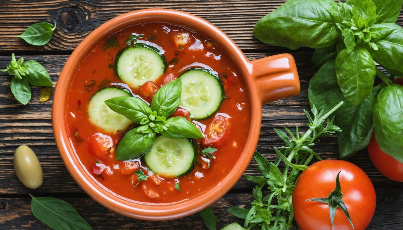 découvrez notre recette de gaspacho tomate-concombre, un plat ultra-fraîche et savoureux qui ravira vos papilles. parfait pour l'été, ce mélange de légumes juteux est facile à préparer et idéal pour impressionner vos invités lors de vos repas en plein air.