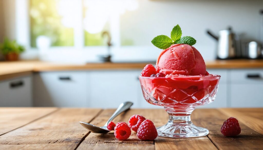 Un délicieux sorbet à la framboise qui étonne sans avoir besoin de sorbetière