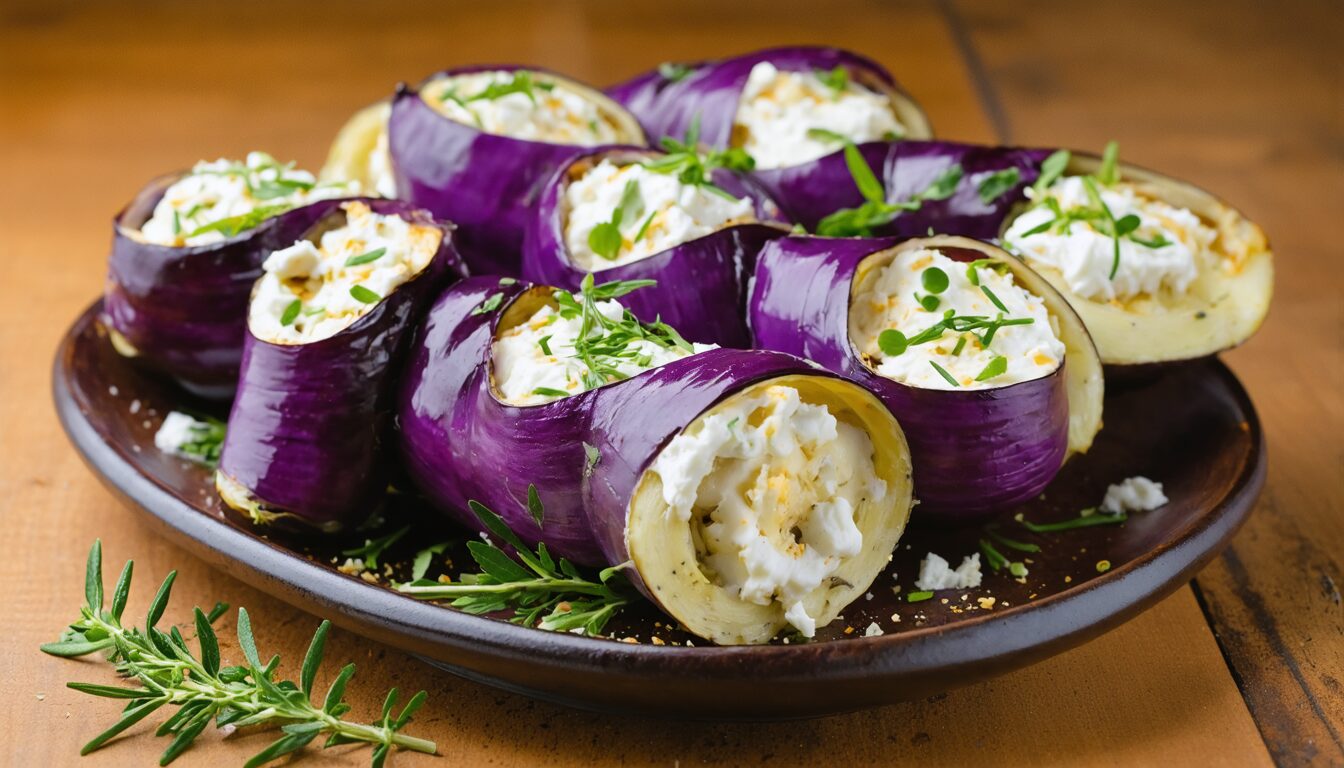 découvrez notre recette d'aubergines roulées, garnies de chèvre frais et d'un savoureux mélange d'herbes. servez-les bien fraîches pour une explosion de saveurs en bouche, parfaite pour vos apéritifs ou entrées estivales.