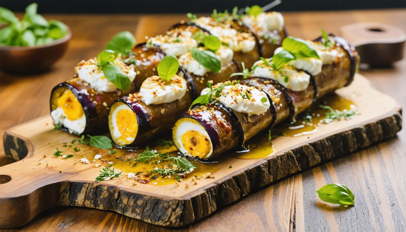 découvrez notre recette d'aubergines roulées, servies bien fraîches. un délicieux mélange de chèvre frais et d'herbes pour une explosion de saveurs en bouche. parfait pour un apéritif léger ou une entrée estivale!